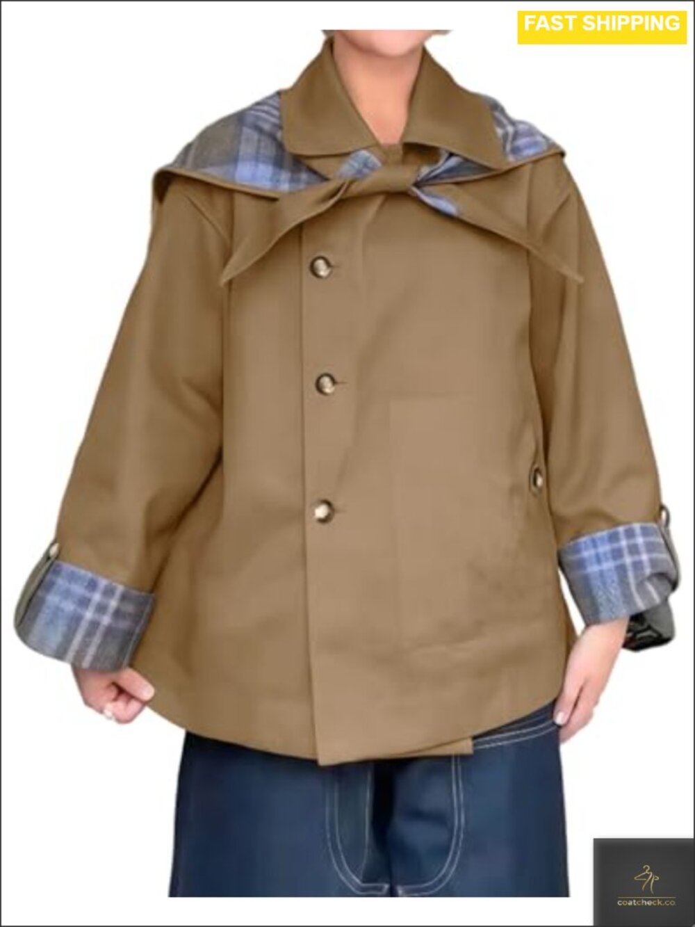 Women's Cropped Trench Coat Plaid Reversible Oversized Jacket Pockets
